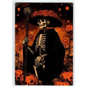 Vintage Halloween Skeleton with Roses & Pumpkins Photochrome Postcard